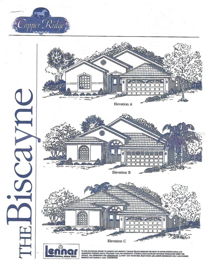 Three black-and-white sketches of a house design labeled 'Biscayne'.
