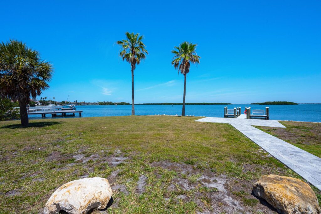 Two palm trees beside a calm waterfront under a clear blue sky.